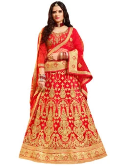 Bright Red Embroidered A Line Lehenga Wedding Wear -C Bazaar Shop bright red embroidered a line lehenga ghsssitdlq623505 u