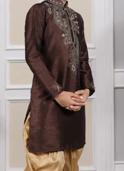 Brown Art Silk Embroidered Kurta Pyjama Party Wear