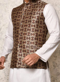 Brown Art Silk Printed Nehru Jacket