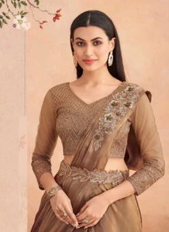 Brown Chinon Silk Embroidered Ready Pleated Saree Party Wear -C Bazaar Shop brown chinon silk embroidered ready pleated saree saska36367304a b