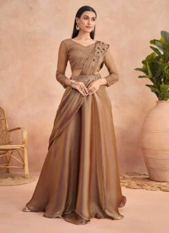Brown Chinon Silk Embroidered Ready Pleated Saree Party Wear -C Bazaar Shop brown chinon silk embroidered ready pleated saree saska36367304a u