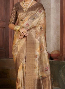 Brown Cotton Silk Woven Printed Work Saree Festive Wear