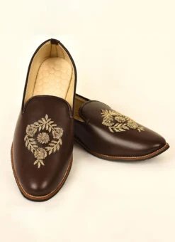 Brown Faux Leather Embroidered Mojri -C Bazaar Shop brown faux leather embroidered mojri mfwmrg282 b