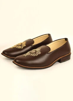 Brown Faux Leather Embroidered Mojri