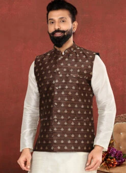 Brown Jacquard Silk Embroidered Nehru Jacket 5 Brown Jacquard Silk Embroidered Nehru Jacket -C Bazaar Shop brown jacquard silk embroidered nehru jacket jmvswc315 b