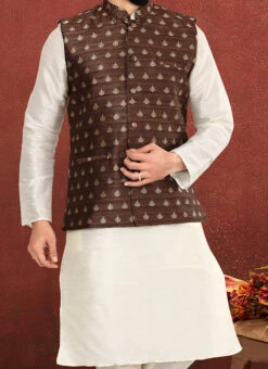 Brown Jacquard Silk Embroidered Nehru Jacket