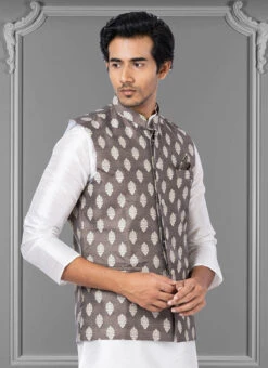 Brown Jacquard Silk Nehru Jacket -C Bazaar Shop brown jacquard silk nehru jacket jmkkvs474 b
