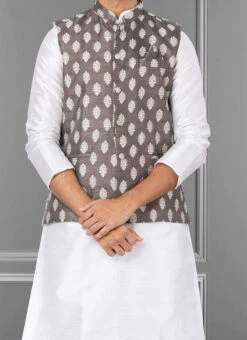 Brown Jacquard Silk Nehru Jacket