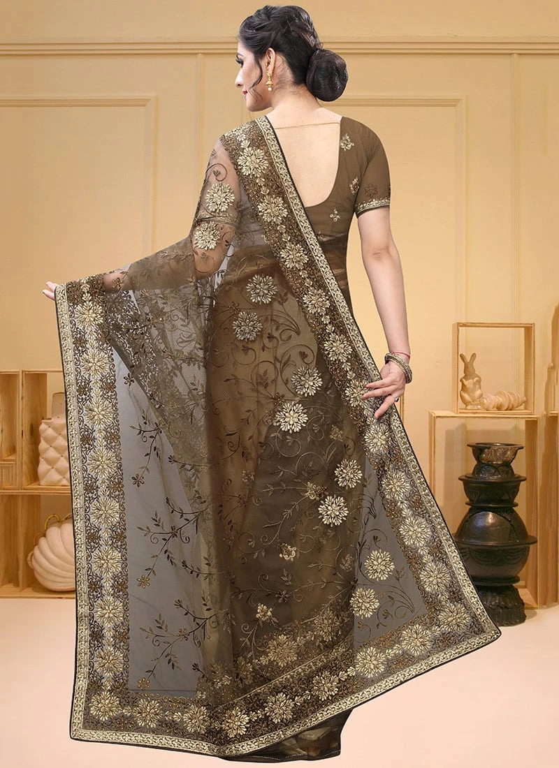 Brown Net Embroidered Saree Festive Wear 4 Brown Net Embroidered Saree Festive Wear - Image 4