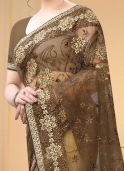 Brown Net Embroidered Saree Festive Wear
