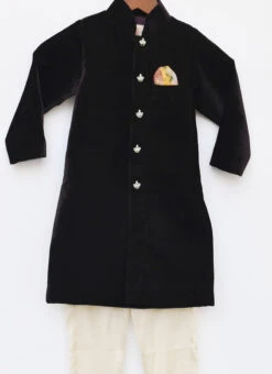 Brown Velvet Classic Sherwani And Golden Pant For Boys Party Wear