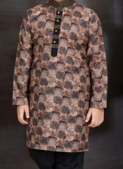 Brown With Black Blended Cotton Printed Kids Boys Kurta Pyjama Festive Wear