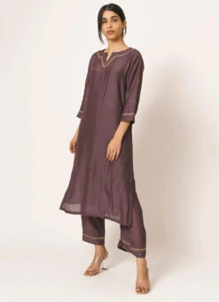 Brownish Purple Pure Chanderi Silk Embroidered Kurta Semi Palazzo Set Party Wear -C Bazaar Shop brownish purple pure chanderi silk embroidered kurta semi palazzo set krsdvcsvks42 u