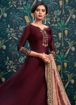 Burgundy Embroidered Abaya Style Anarkali Suit Party Wear -C Bazaar Shop burgundy embroidered abaya style anarkali suit slscch9110143 b