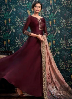 Burgundy Embroidered Abaya Style Anarkali Suit Party Wear -C Bazaar Shop burgundy embroidered abaya style anarkali suit slscch9110143 u
