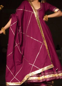 Burgundy Pure Cotton Gota Patti Work Anarkali Suit Party Wear