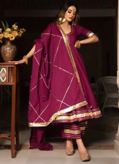 Burgundy Pure Cotton Gota Patti Work Anarkali Suit Party Wear -C Bazaar Shop burgundy pure cotton gota patti work anarkali suit sljpjs1215 u