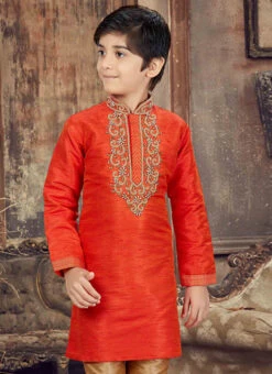 Burnt Orange Kids Embroidered Kurta Pyjama 5 Burnt Orange Kids Embroidered Kurta Pyjama -C Bazaar Shop burnt orange kids embroidered kurta pyjama kddss6053 b