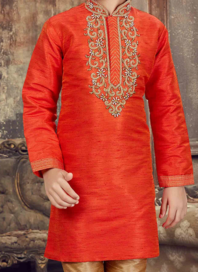 Burnt Orange Kids Embroidered Kurta Pyjama 1 Burnt Orange Kids Embroidered Kurta Pyjama