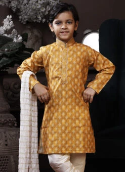Canary Yellow Cotton Printed Boys Kurta Pyjama Party Wear -C Bazaar Shop canary yellow cotton printed boys kurta pyjama kdbmss6190 b