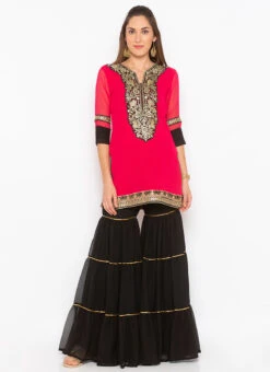 Candy Pink Georgette Embroidered Kurta Sharara Set After Six Wear 6 Candy Pink Georgette Embroidered Kurta Sharara Set After Six Wear -C Bazaar Shop candy pink georgette embroidered kurta sharara set krsmnc1995ks u