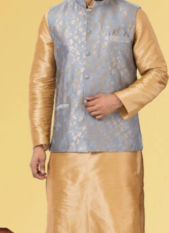 Cement Grey Jacquard Silk Nehru Jacket