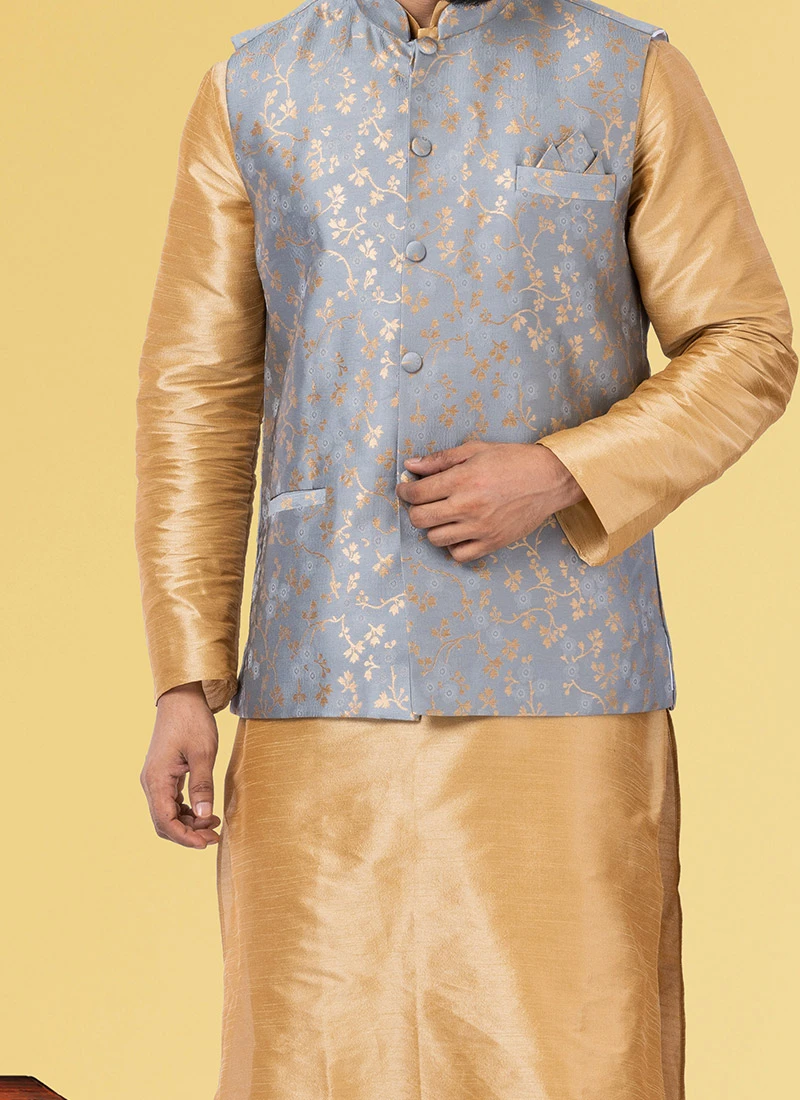 Cement Grey Jacquard Silk Nehru Jacket 1 Cement Grey Jacquard Silk Nehru Jacket