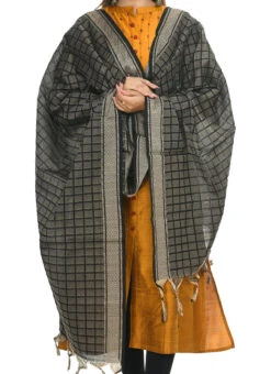 Checked Black Handloom Cotton Weaving Work Dupatta Work Wear
