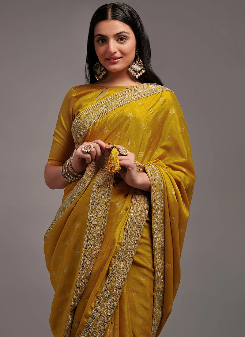 Chinon Mustard Color Embroidery Sequins Work Saree Festive Wear 4 Chinon Mustard Color Embroidery Sequins Work Saree Festive Wear - Image 4