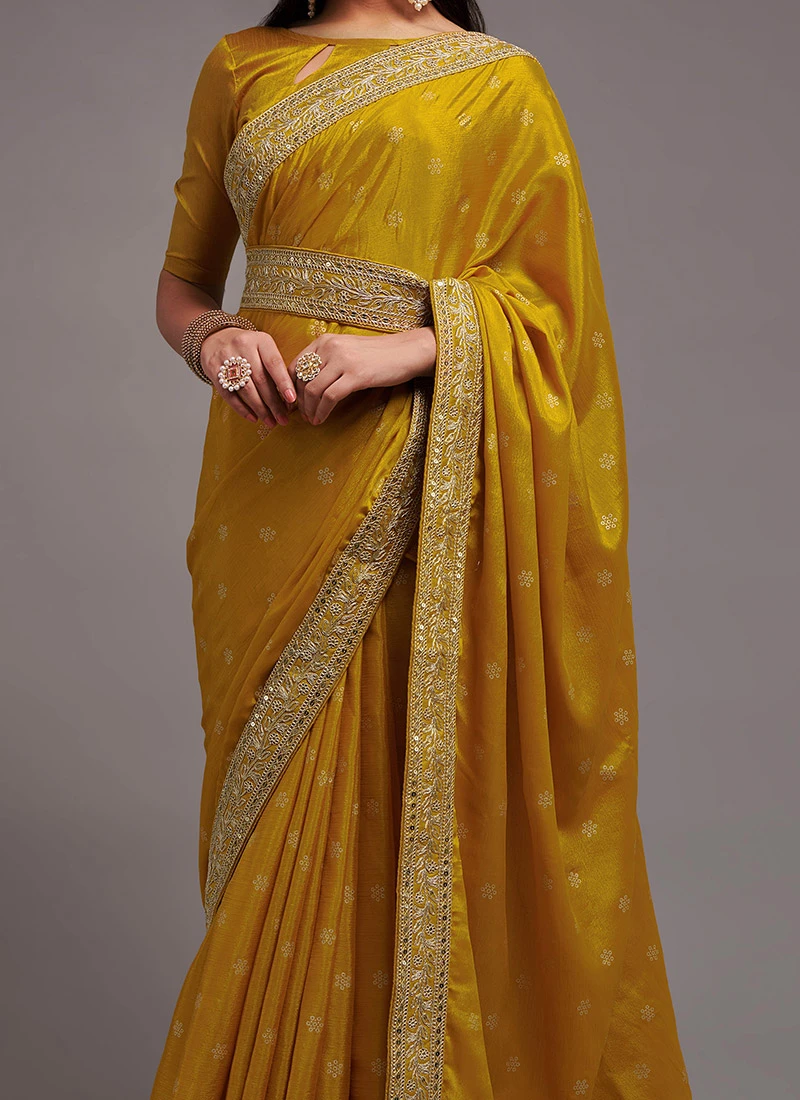 Chinon Mustard Color Embroidery Sequins Work Saree Festive Wear 1 Chinon Mustard Color Embroidery Sequins Work Saree Festive Wear