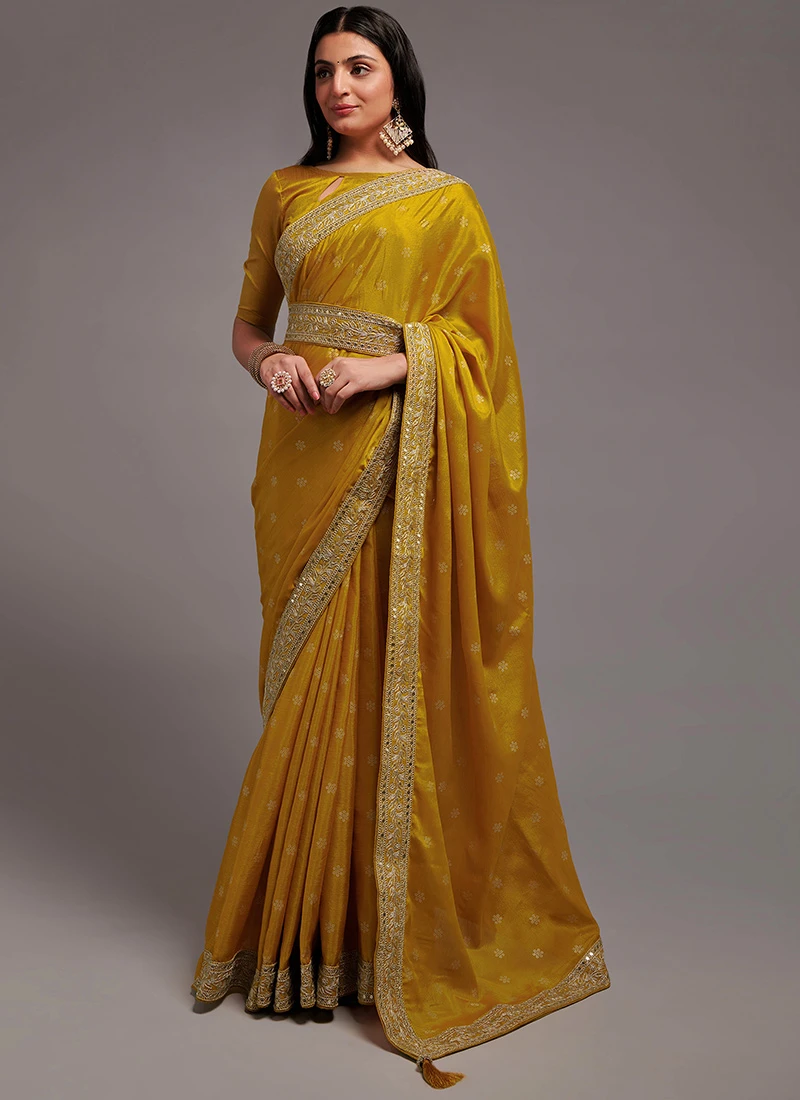Chinon Mustard Color Embroidery Sequins Work Saree Festive Wear 3 Chinon Mustard Color Embroidery Sequins Work Saree Festive Wear - Image 3