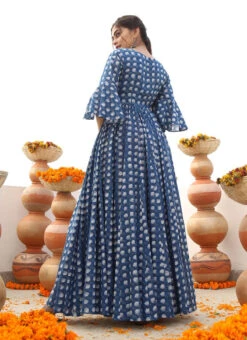 Cobalt Blue Cotton Printed Anarkali Gown After Six Wear -C Bazaar Shop cobalt blue cotton printed anarkali gown bgwjac3004 b
