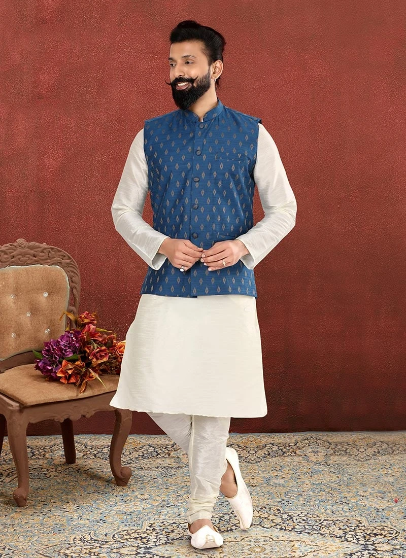Cobalt Blue Cotton Silk Jacquard Nehru Jacket 2 Cobalt Blue Cotton Silk Jacquard Nehru Jacket - Image 2