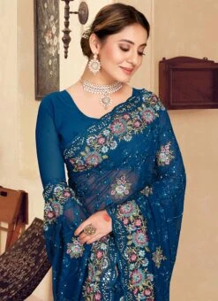 Cobalt Blue Georgette Resham Embroidered Saree Party Wear -C Bazaar Shop cobalt blue georgette resham embroidered saree sasnf6399 b