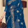 Cobalt Blue Georgette Resham Embroidered Saree Party Wear