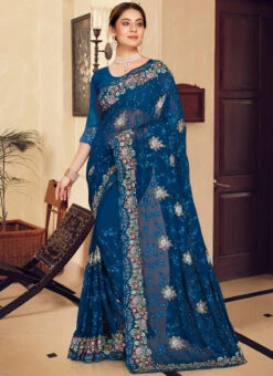 Cobalt Blue Georgette Resham Embroidered Saree Party Wear -C Bazaar Shop cobalt blue georgette resham embroidered saree sasnf6399 u