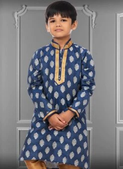 Cobalt Blue Jacquard Silk Boys Kurta Pyjama Party Wear -C Bazaar Shop cobalt blue jacquard silk boys kurta pyjama kdbkvs690 b