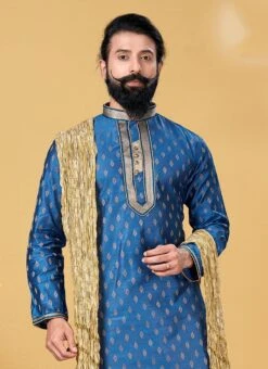 Cobalt Blue Jacquard Silk Kurta Pyjama Party Wear -C Bazaar Shop cobalt blue jacquard silk kurta pyjama kpsvs125 b