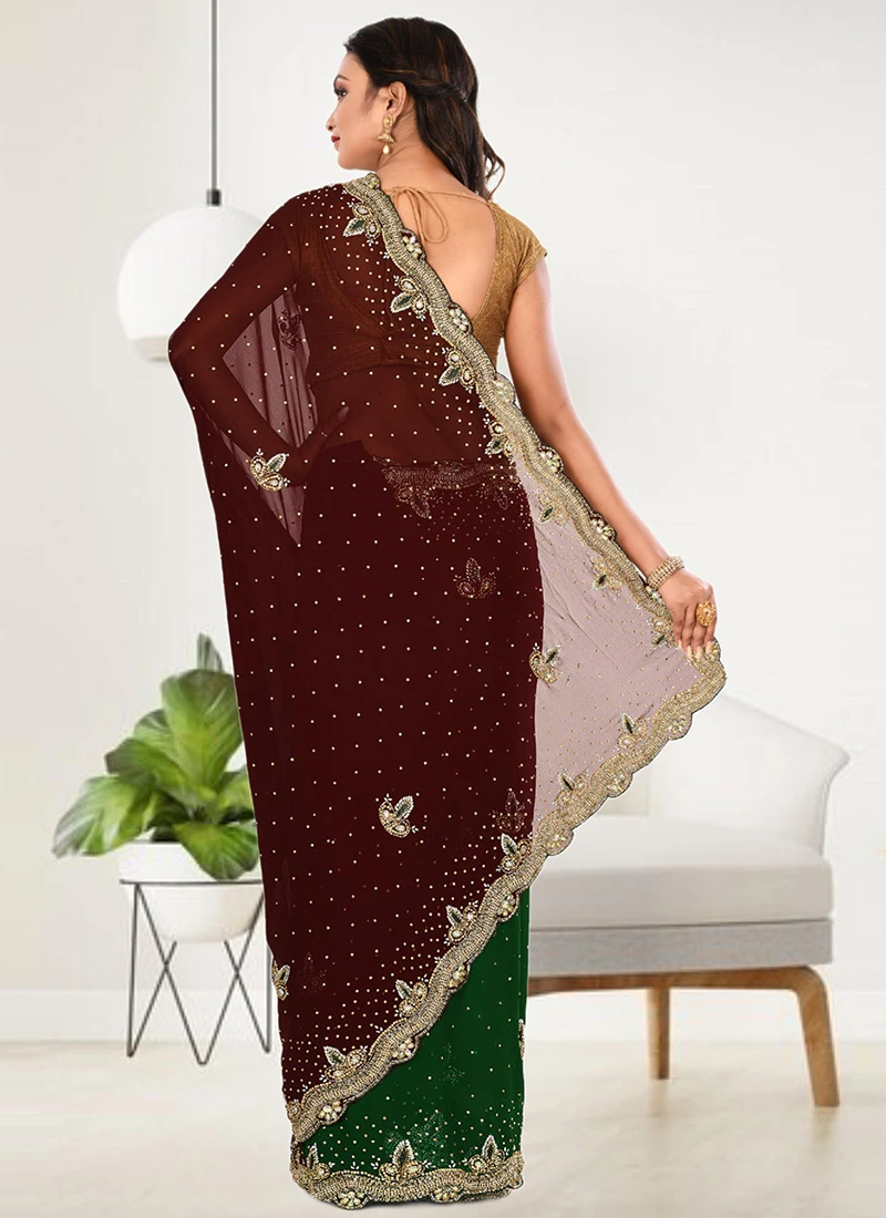 Coffee And Green Faux Georgette Hand Work Sari Party Wear 4 Coffee And Green Faux Georgette Hand Work Sari Party Wear - Image 4