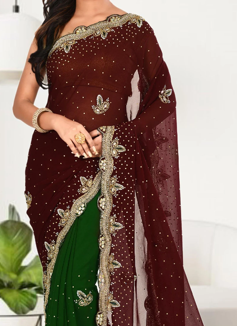 Coffee And Green Faux Georgette Hand Work Sari Party Wear 1 Coffee And Green Faux Georgette Hand Work Sari Party Wear
