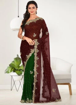 Coffee And Green Faux Georgette Hand Work Sari Party Wear 6 Coffee And Green Faux Georgette Hand Work Sari Party Wear -C Bazaar Shop coffee and green faux georgette hand work sari sadsf7206 u