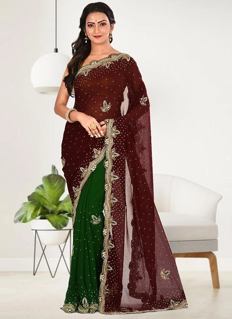Coffee And Green Faux Georgette Hand Work Sari Party Wear 3 Coffee And Green Faux Georgette Hand Work Sari Party Wear - Image 3