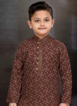 Coffee Blended Cotton Printed Kids Boys Kurta Pyjama Festive Wear -C Bazaar Shop coffee blended cotton printed kids boys kurta pyjama kdbmss6250 b