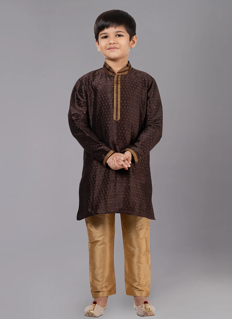 Coffee Brown Cotton Kids Kurta Pyjama Festive Wear 2 Coffee Brown Cotton Kids Kurta Pyjama Festive Wear - Image 2