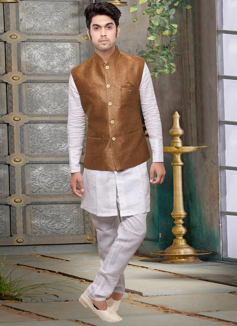 Copper Brown Jute Nehru Jacket 2 Copper Brown Jute Nehru Jacket - Image 2