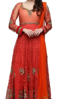 Coral Orange Net Embroidered Stone Work Anarkali Suit Party Wear