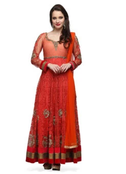 Coral Orange Net Embroidered Stone Work Anarkali Suit Party Wear -C Bazaar Shop coral orange net embroidered stone work anarkali suit slkifh9966000241 u