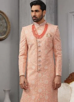 Coral Peach Art Silk Lucknowi Embroidered Angrakha Sherwani Party Wear 5 Coral Peach Art Silk Lucknowi Embroidered Angrakha Sherwani Party Wear -C Bazaar Shop coral peach art silk lucknowi embroidered angrakha sherwani shmac9026 b