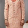 Coral Peach Art Silk Lucknowi Embroidered Angrakha Sherwani Party Wear