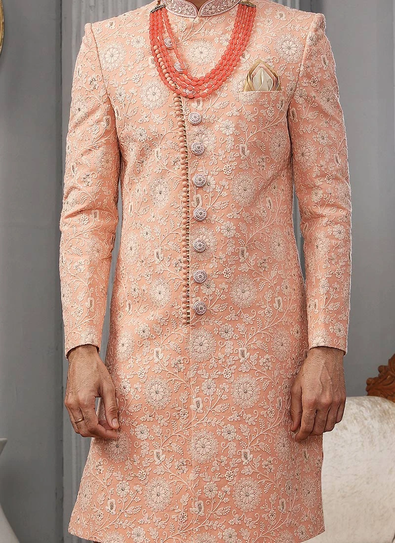 Coral Peach Art Silk Lucknowi Embroidered Angrakha Sherwani Party Wear 1 Coral Peach Art Silk Lucknowi Embroidered Angrakha Sherwani Party Wear